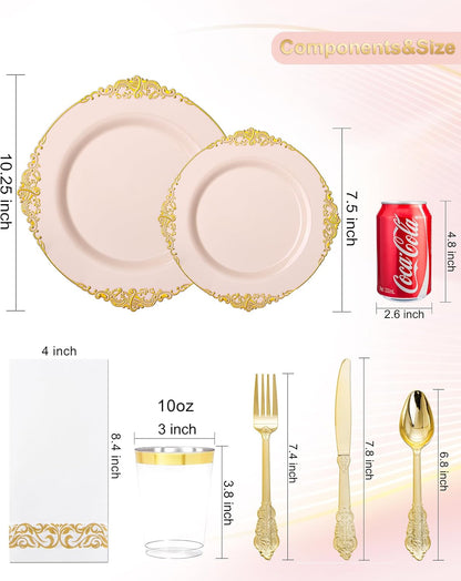 Nervure 350PCS Gold Plastic Plates - Gold Plastic Dinnerware Sets for 50 Guests - 100 Disposable Plates, 150 Silverware, 50 Cups, 50 Napkins for Wedding & Party & Mothers Day