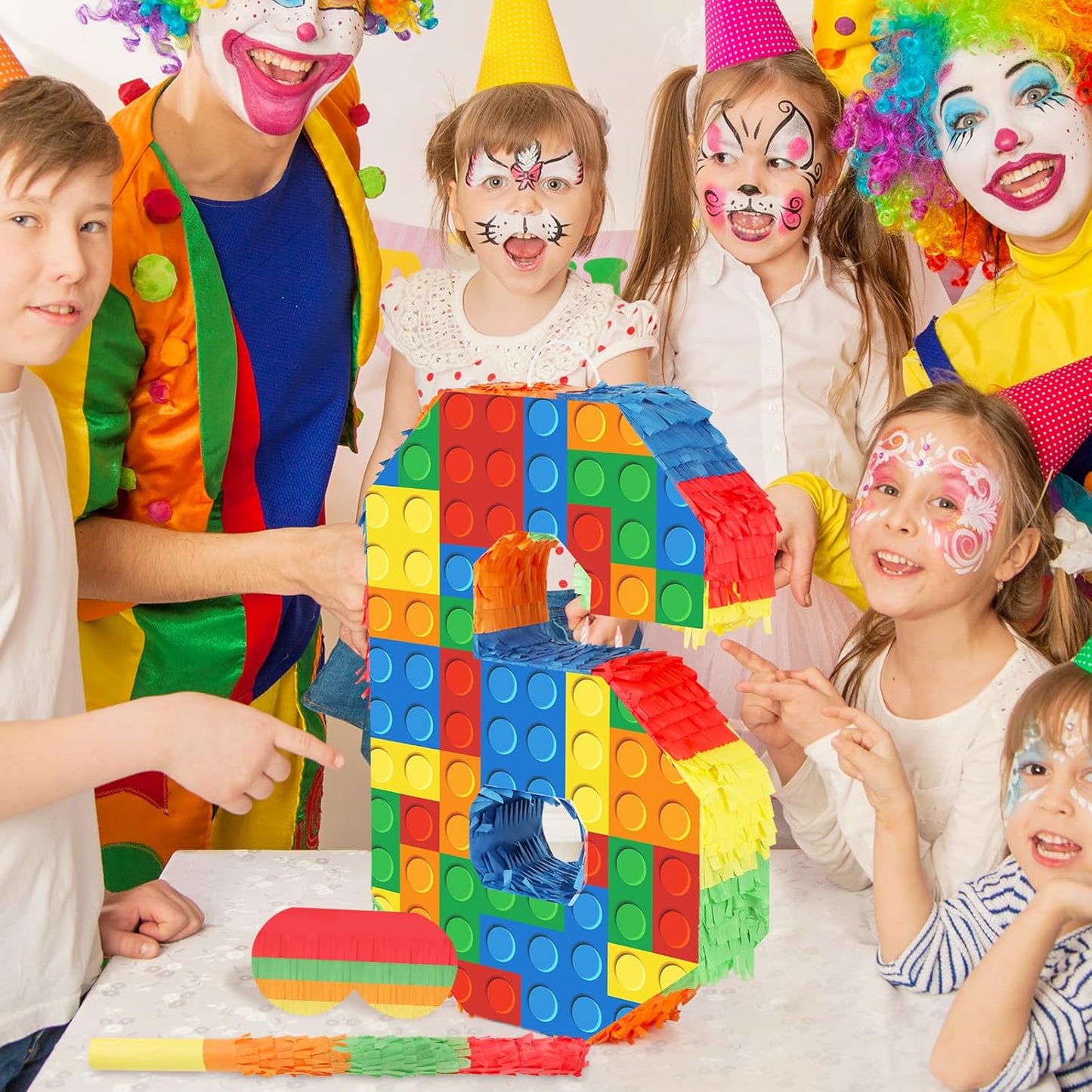 Number 7 Pinata Building Blocks with Pinata Stick Blindfold 7th Birthday Party Decorations Happy Birthday Building Block Theme Anniversary Party Supplies for Kids (Small, 16 x 10.6 x 3 in)
