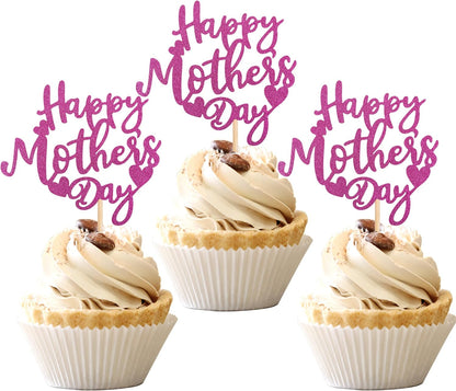 24 PCS Happy Mother's Day Cupcake Toppers with Glitter Heart Love Mother Best Mom Cupcake Picks for Happy Mother's Day Theme Women Birthday Party Cake Decorations Supplies Rose Gold