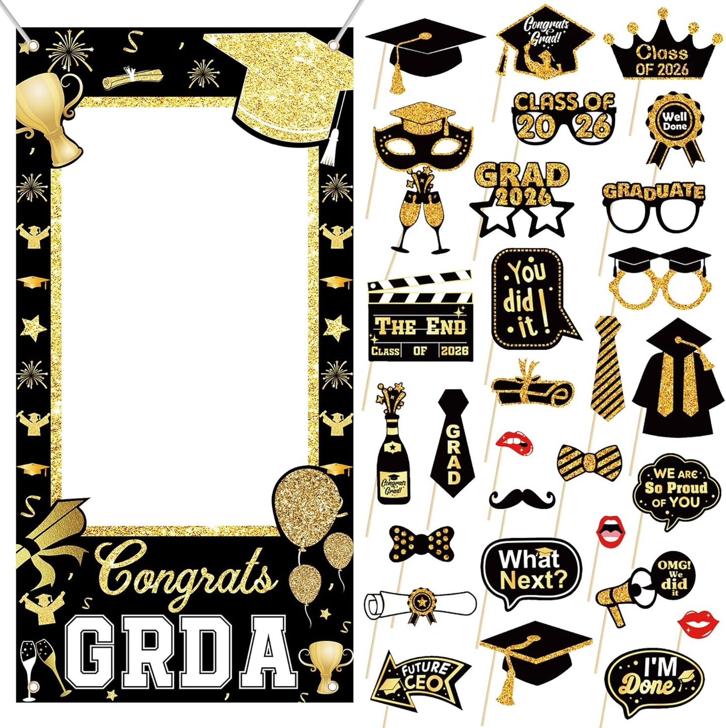 2026 Graduation Photo Booth Props & Selfie Frame Set, 30Pcs Black Gold Congrats Grad Party Photo Props with 1Pc Selfie Frame for Class of 2026 Graduation Decorations Party Supplies Gifts