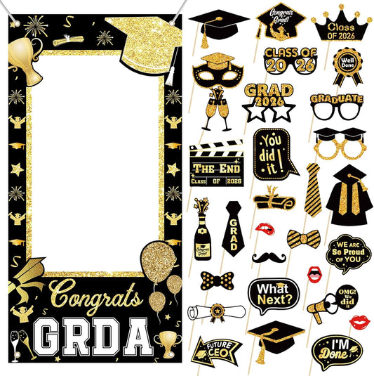 2026 Graduation Photo Booth Props & Selfie Frame Set, 30Pcs Black Gold Congrats Grad Party Photo Props with 1Pc Selfie Frame for Class of 2026 Graduation Decorations Party Supplies Gifts