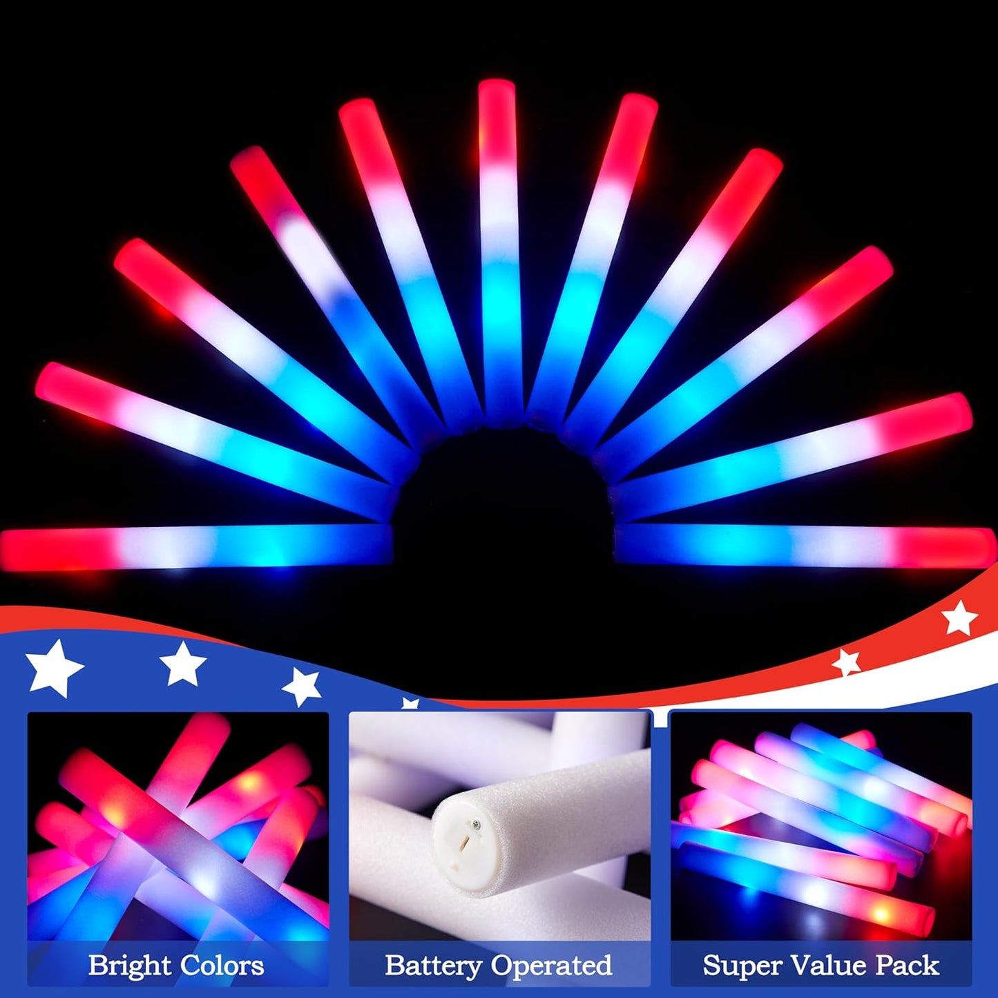 JOYIN 12 Pcs July 4th Foam Glow Sticks, 16" Red White Blue Patriotic LED Sticks with 3 Lightup Modes, Glow in the Dark Party Favor Supply for Independence Day Parade Carnival Festive Celebration