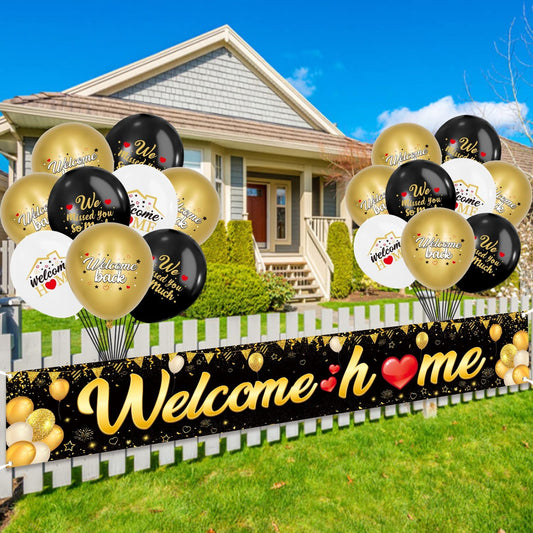 Welcome Home Banner Decoration with 18 Pcs Balloons, Black Gold Welcome Back Home Yard Sign for Outdoor, 118 X 20 inch, Military Homecoming Deployment Returning Party Supplies (Black Gold)