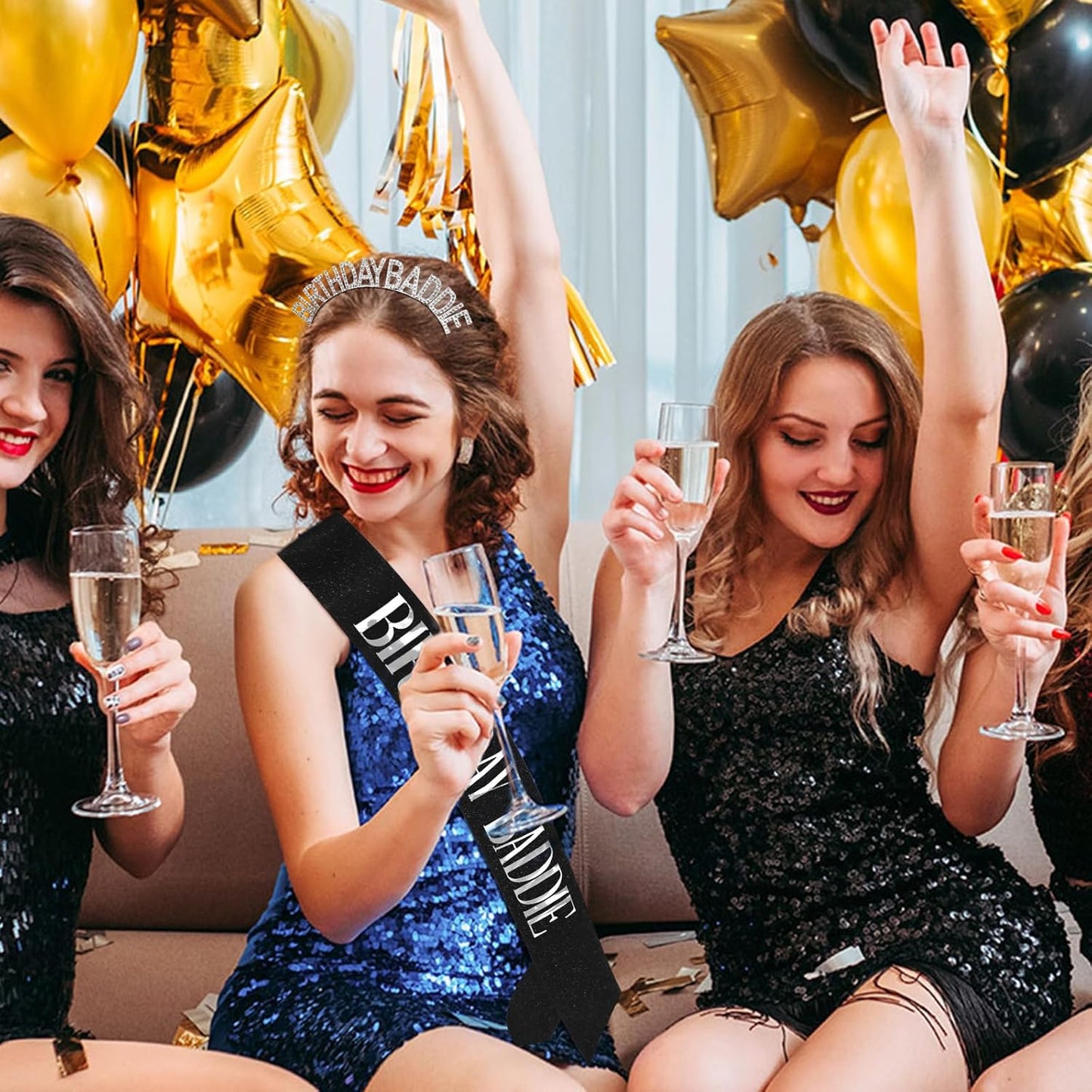 Aprince Birthday Baddie Sash and Tiara Crown for Women Girls Black Gold Happy Birthday Headband Accessiores Party Decorations