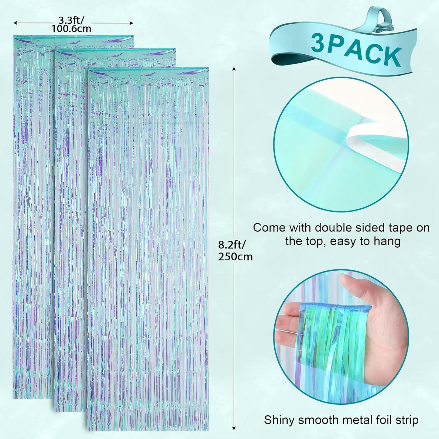 Voircoloria 3 Pack 3.3x8.2 Feet Gold Foil Fringe Backdrop Curtains, Tinsel Streamers, Fringe Backdrop for 2025 New Years Eve, Graduation, Birthday, Baby Shower, Gender Reveal, Disco Party - Colors B