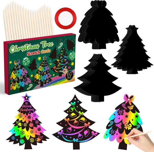 WATINC 60pcs Christmas Tree Scratch Paper Art Ornaments DIY Xmas Party Scratch off Card Hanging Craft Magic Drawing Coloring Sheet Set with Stick for Kids Gifts Home Activities School Decor