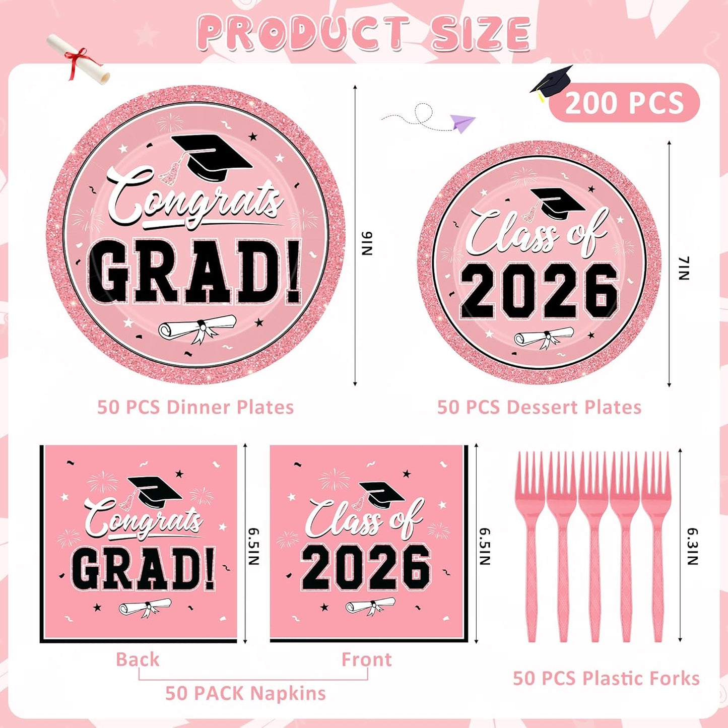 200Pcs Graduation Decorations 2026, Blue Graduation Plates and Napkins Party Supplies for 50 Guests, Disposable Grad Plates, Napkins, Dessert Plates and Forks for Grad Decor Wedding Birthday Supplies