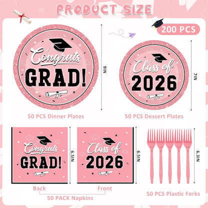 200Pcs Graduation Decorations 2026, Blue Graduation Plates and Napkins Party Supplies for 50 Guests, Disposable Grad Plates, Napkins, Dessert Plates and Forks for Grad Decor Wedding Birthday Supplies