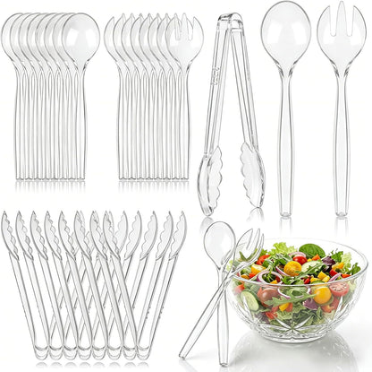 24 Pcs Disposable Black Plastic Serving Utensils,8 Set Including 9.72" Plastic Serving Spoons, Forks and 8.46" Tongs, for Dinner Parties, Buffets,Banquets, Events, Weddings, and Daily Use