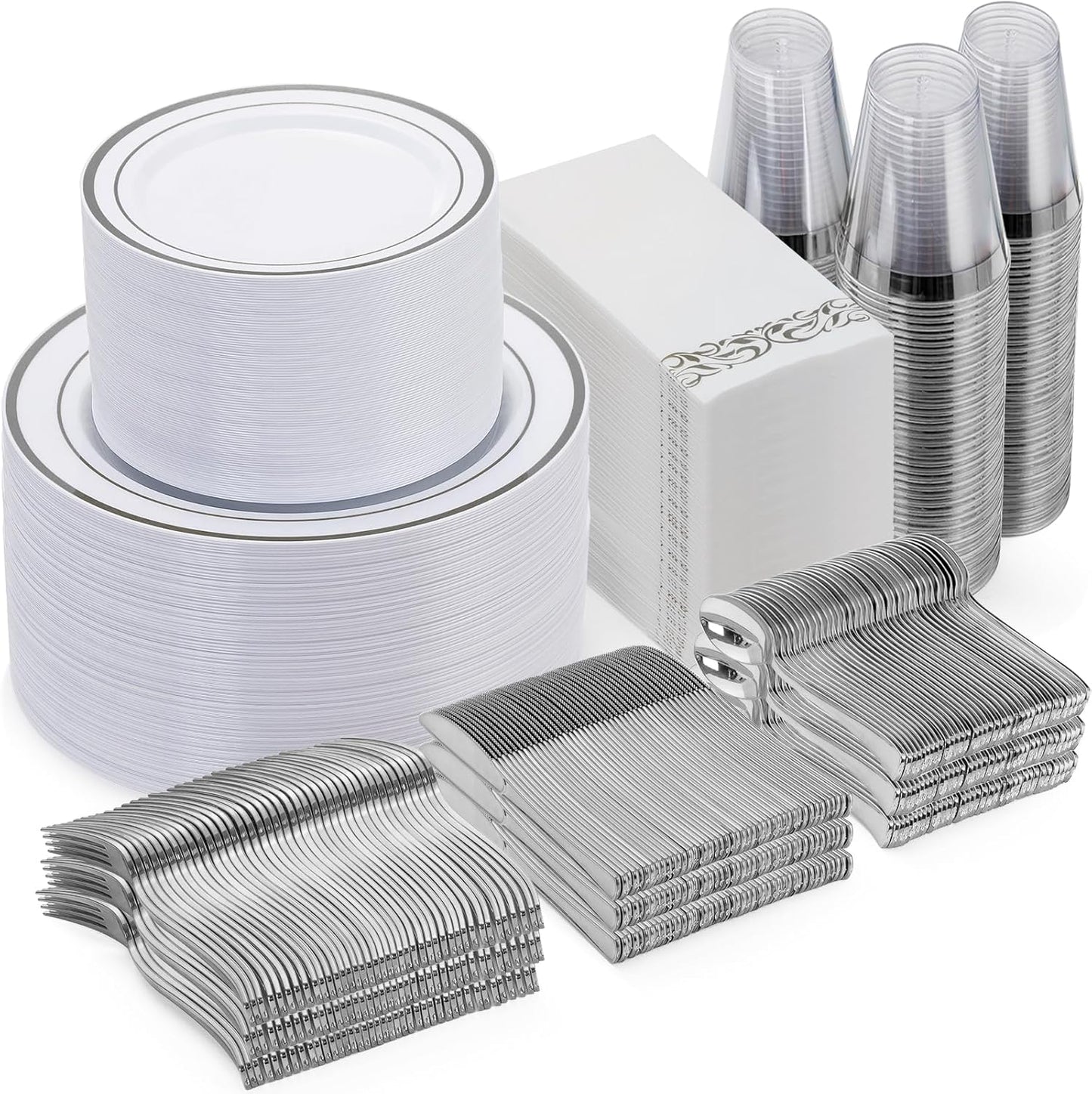 Goodluck 350 Pieces Gold Dinnerware Set for 50 Guests, Plastic Plates Disposable for Party, Include: 50 Gold Rim Dinner Plates, 50 Dessert Plates, 50 Paper Napkins, 50 Cups, 50 Gold Silverware Set