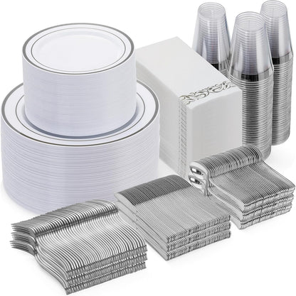 Goodluck 350 Pieces Gold Dinnerware Set for 50 Guests, Plastic Plates Disposable for Party, Include: 50 Gold Rim Dinner Plates, 50 Dessert Plates, 50 Paper Napkins, 50 Cups, 50 Gold Silverware Set