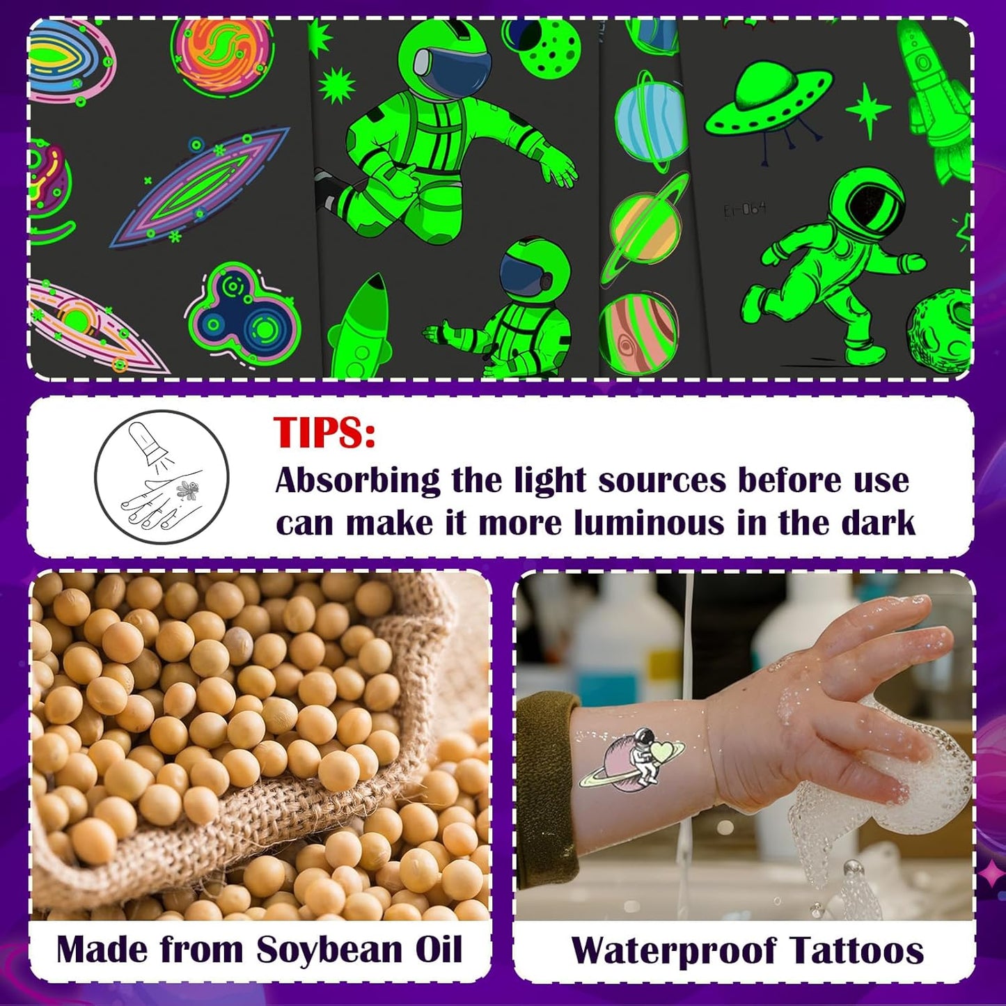 Partywind 380 Styles (30 Sheets) Luminous Tattoos for Kids, Mixed Styles Temporary Tattoos Stickers with Mermaid/Dinosaur/Space/Pirate for Boys and Girls, Glow Party Supplies