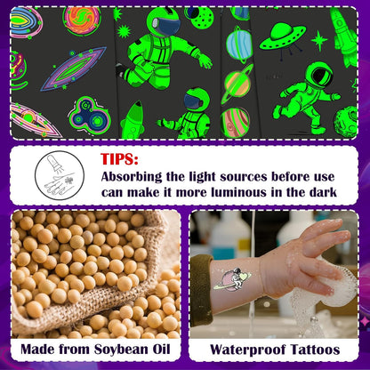Partywind 380 Styles (30 Sheets) Luminous Tattoos for Kids, Mixed Styles Temporary Tattoos Stickers with Mermaid/Dinosaur/Space/Pirate for Boys and Girls, Glow Party Supplies