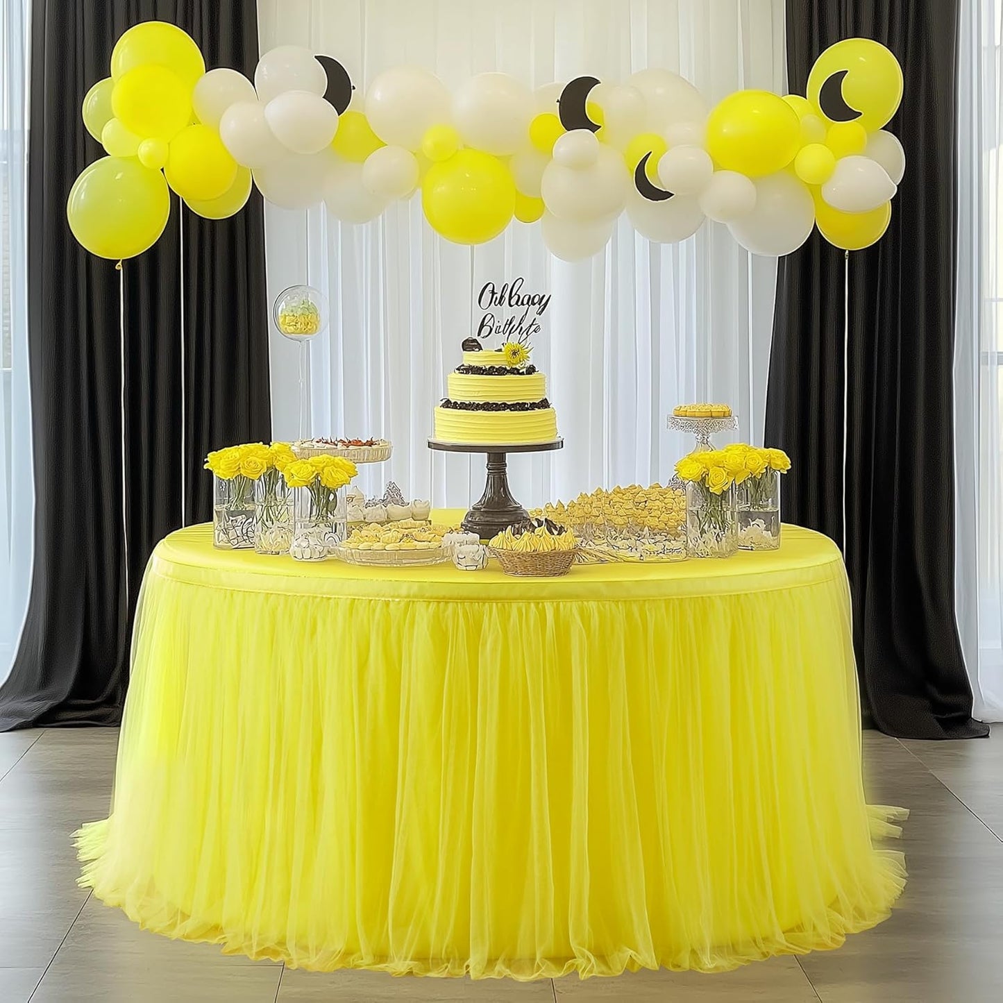 72inch Champagne Gold Tulle Table Skirts for Rectangle Round Tables, Gold Grim Ruffle Tulle Tutu Cloth Table Skirt 6ft for Wedding Birthday Party Cake Dessert Decor(No Top Cover)