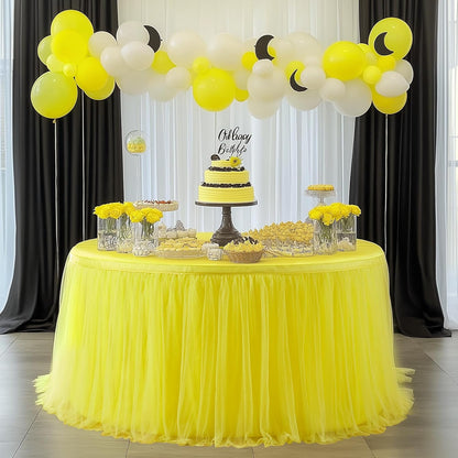 72inch Champagne Gold Tulle Table Skirts for Rectangle Round Tables, Gold Grim Ruffle Tulle Tutu Cloth Table Skirt 6ft for Wedding Birthday Party Cake Dessert Decor(No Top Cover)