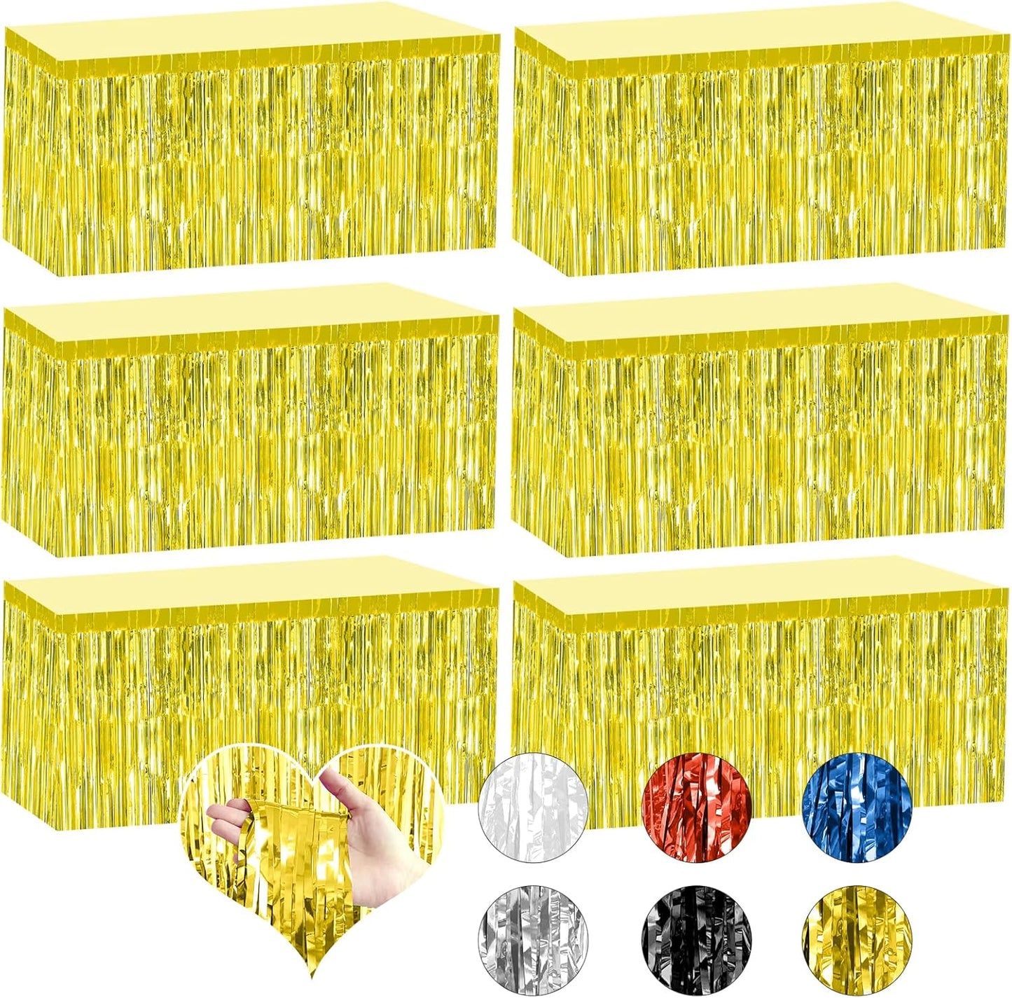2 Pack 29.5x108 Inch Silver Foil Tinsel Fringe Table Skirts, Disposable Table Skirts for Rectangle Tables Curtains Backdrop Parade Wedding Floats Baby Shower Birthday Mardi Gras Party