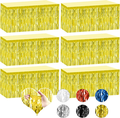 2 Pack 29.5x108 Inch Silver Foil Tinsel Fringe Table Skirts, Disposable Table Skirts for Rectangle Tables Curtains Backdrop Parade Wedding Floats Baby Shower Birthday Mardi Gras Party