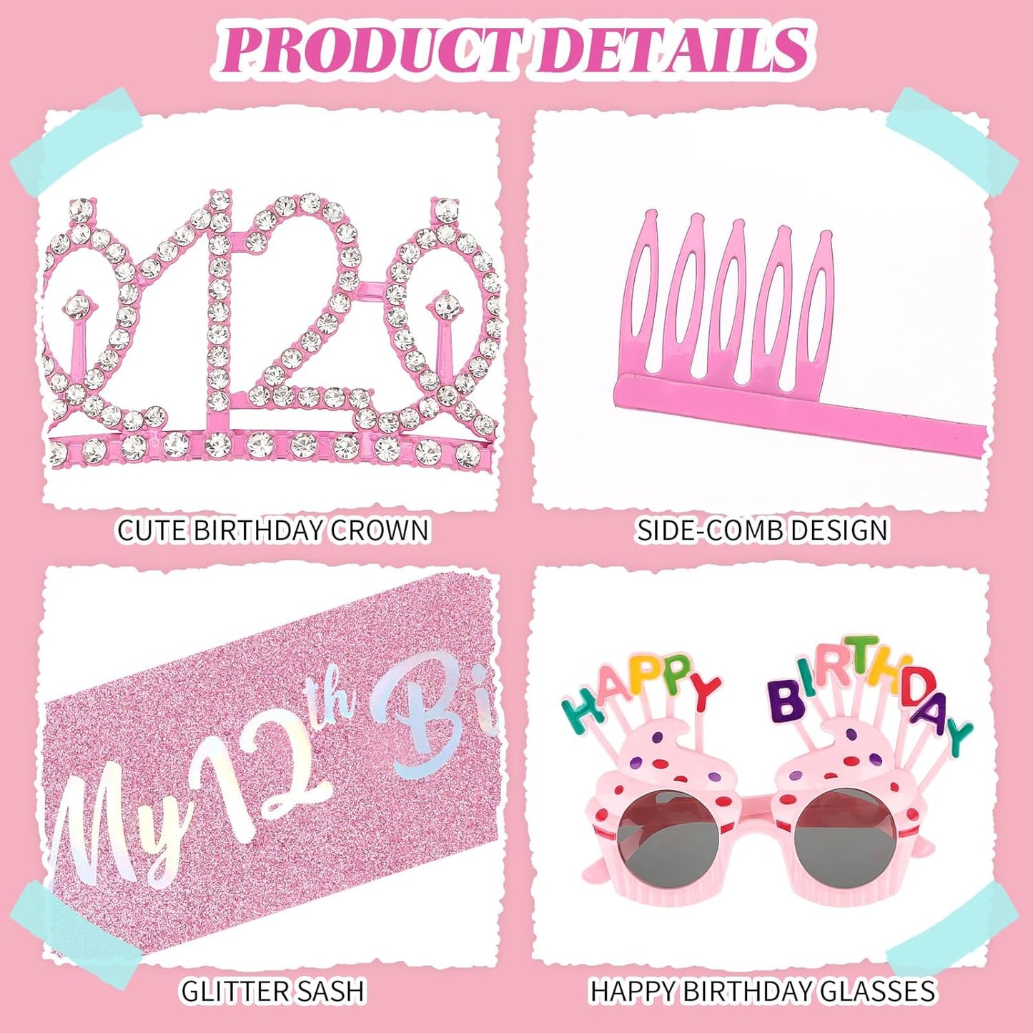 YARIEW 3rd Birthday Decorations, 3rd Glitter Purple Sash and Crown Kit with Happy Birthday Sunglasses, Tiara Princess Crown and Sash Party Outfit Accessory