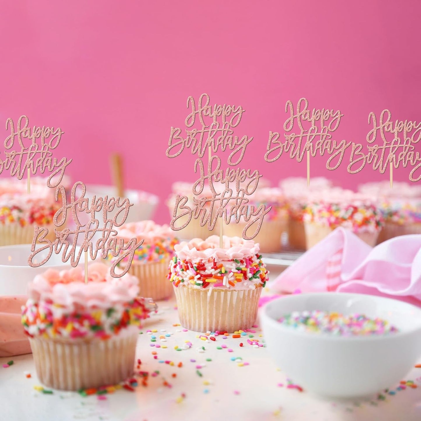 24 PCS Happy Birthday Cupcake Toppers Glitter Picks for Celebrating Anniversary Theme Party Cake Decorations Supplies Gold