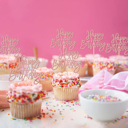 24 PCS Happy Birthday Cupcake Toppers Glitter Picks for Celebrating Anniversary Theme Party Cake Decorations Supplies Gold