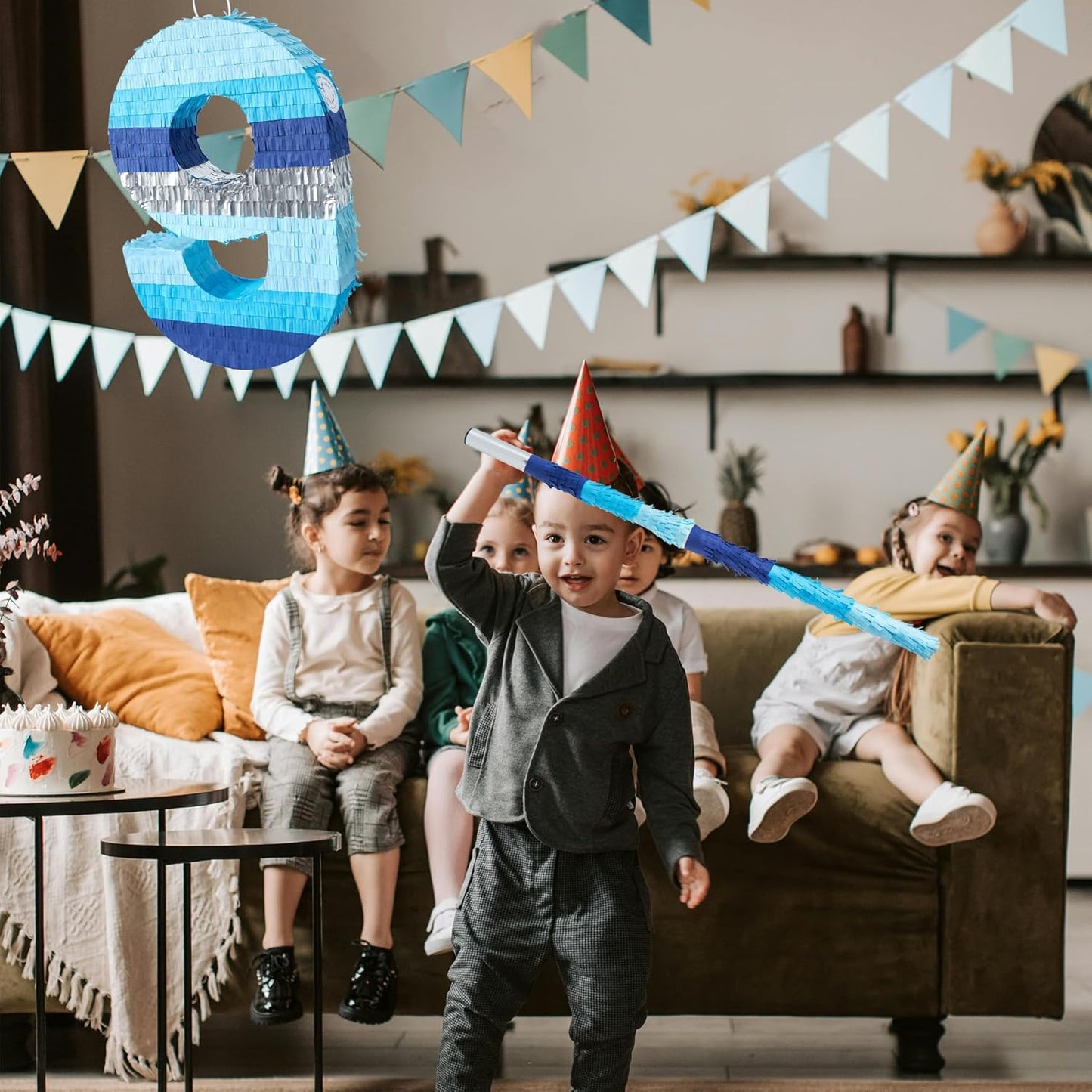 PCFING 20 Inch Number 3 Piñata Blue Silver with 30 Inch Piñata Stick Blindfold Confetti for Boys Girls Adults Birthday Party Decorations, Anniversary Celebration, Fiesta