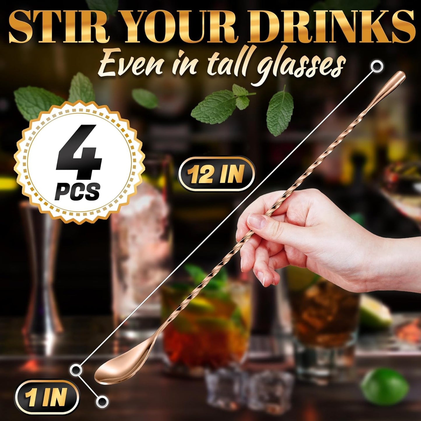 4 Pcs Bar Spoon Cocktail Mixing – Stirs Deep Glasses All the Way to the Bottom, Even Mixing & Easy Drink Layering – 12'' Long Balanced Stainless Steel Cocktail Stirrers for Drinks with Twisted Handle