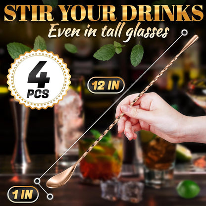 4 Pcs Bar Spoon Cocktail Mixing – Stirs Deep Glasses All the Way to the Bottom, Even Mixing & Easy Drink Layering – 12'' Long Balanced Stainless Steel Cocktail Stirrers for Drinks with Twisted Handle