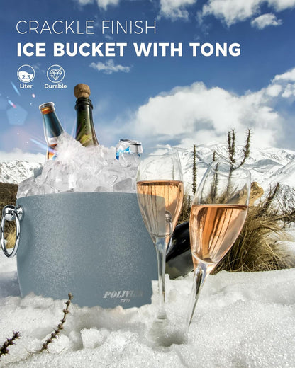 POLIVIAR Ice Bucket, 2.5L Double Wall Ice Bucket with Lid, Stainless Steel Ice Bucket with Tong & Strainer, Ice Bucket for Cocktail Bar, Home & Parties, JX2023-IBLU