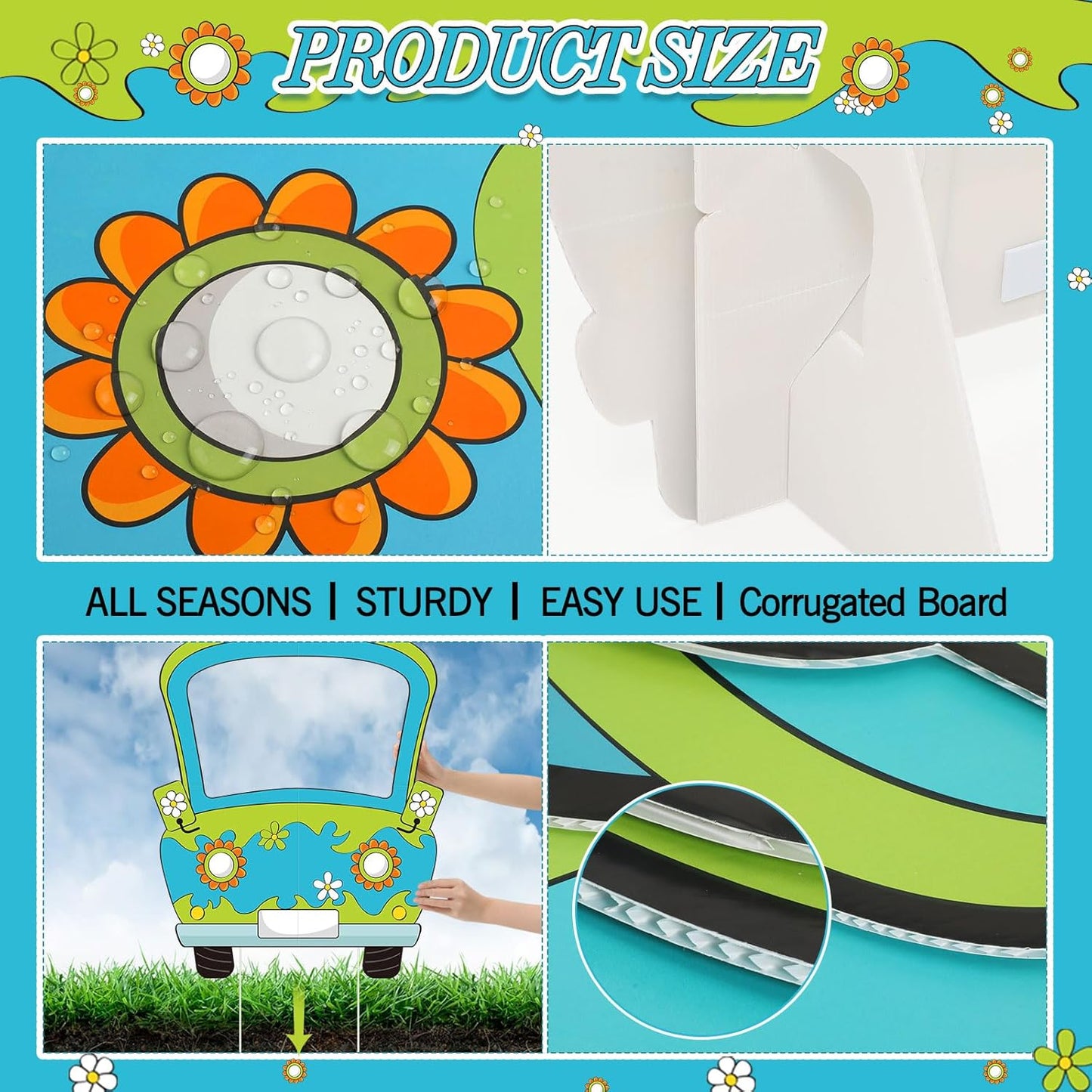 Capoda Hippie Photo Booth Props Selfie Frame with Sticks - 39 x 28 in Corrugated Cardboard Funny Hippie Bus Birthday Party Decorations Daisy Car Blue Green Prop Backdrop Cartoon Birthday Supplies