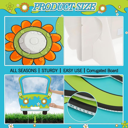 Capoda Hippie Photo Booth Props Selfie Frame with Sticks - 39 x 28 in Corrugated Cardboard Funny Hippie Bus Birthday Party Decorations Daisy Car Blue Green Prop Backdrop Cartoon Birthday Supplies