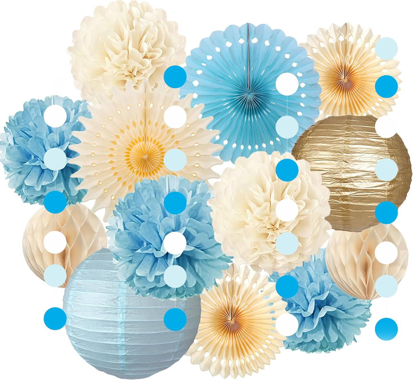 Tissue Paper Pom Poms - 23 PCS Dusty Blue Paper Flowers Pom Pom Kit Circle Dot Party Banner Hanging Swirl Party Decorations for Wedding Birthday Baby Shower Bridal Shower Tea Party