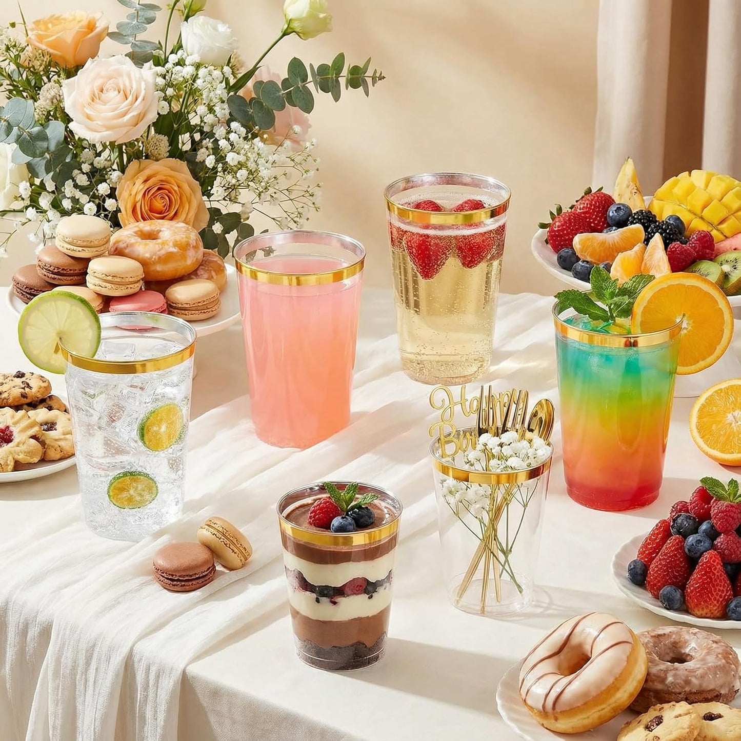 supernal 100pcs Gold Plastic Cups 12 oz, Glitter Clear Disposable Cups Heavy Duty, Fancy Plastic Cocktail Tumblers for Wedding, Parties Champagne & Mixed Drinks