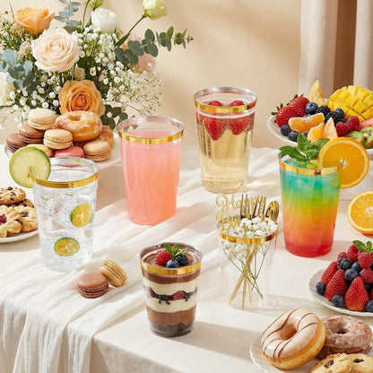 supernal 100pcs Gold Plastic Cups 12 oz, Glitter Clear Disposable Cups Heavy Duty, Fancy Plastic Cocktail Tumblers for Wedding, Parties Champagne & Mixed Drinks
