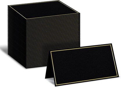 Better Office Products 100 Pack Gold Metallic Border Place Cards, 2 x 3.5 in, Folded Table Tent Cards for Weddings, Dinner Parties, Buffet Banquets,(Black)