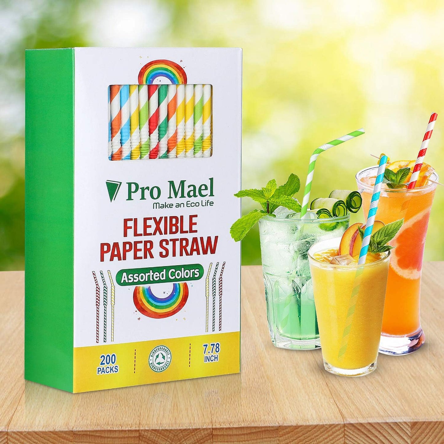 Pro Mael Paper Drinking Straws, Flexible Straws for Juices, Shakes, Smoothies, Disposable Straw for Birthdays, Weddings & Party (200 Pack, 5 Colors)