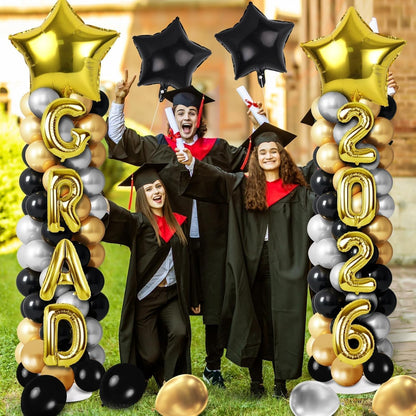 2 Sets Graduation Balloon Column Stand Kits with Balloons 2026 Grad Themed Decoration Navy Blue Balloon Tower Stand Kit for Grad High School & College Celebration Party Decor