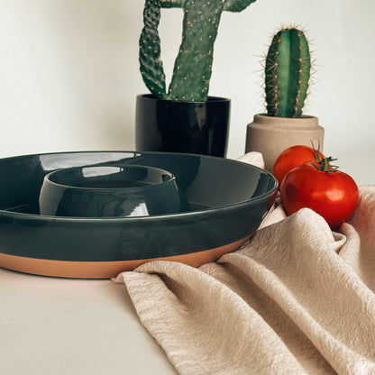 Mora Ceramic Chips and Dip Serving Tray: Large Divided Party Bowl Set for Chips & Salsa, Veggies & Dip, Fruit, Snacks, Entertaining, Hosting, etc. Minimalist Design for the Modern Hostess - White