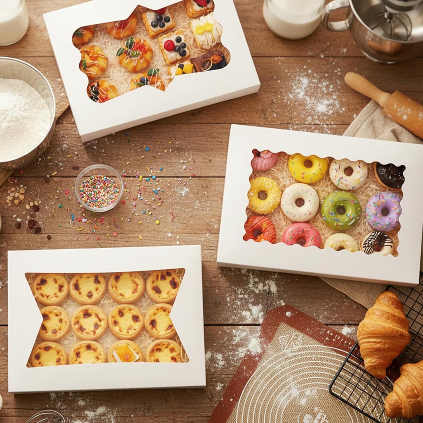 Moretoes 40pcs Large Bakery Boxes, 16x11x2.5 Inches Auto-Popup Cookie Boxes with Window for Donuts, Treats, Pastries, Pies, Muffins, Chocolate Covered Strawberries