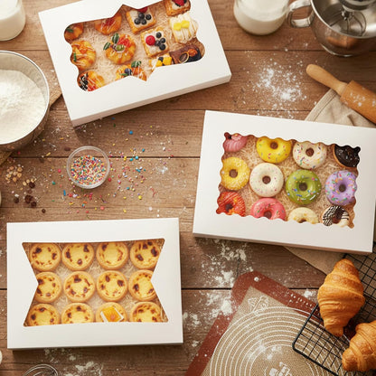 Moretoes 40pcs Large Bakery Boxes, 16x11x2.5 Inches Auto-Popup Cookie Boxes with Window for Donuts, Treats, Pastries, Pies, Muffins, Chocolate Covered Strawberries