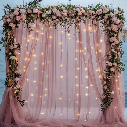 Fomcet Tulle Backdrop Curtains with Lights String White 10FT X 8FT Sheer Curtain with Lights Tulle Curtains Backdrop for Wedding Birthday Party Baby Shower Photo Shoot (2 Panels 5x8FT)
