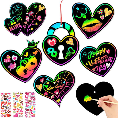 FEBSNOW Valentines Crafts for Kids, 48 PCS Heart Rainbow Magic Scratch Art Day Cards for Kids Classroom Scratch Paper Art for Valentines Day Gifts Party Favors witn Heart Stickers
