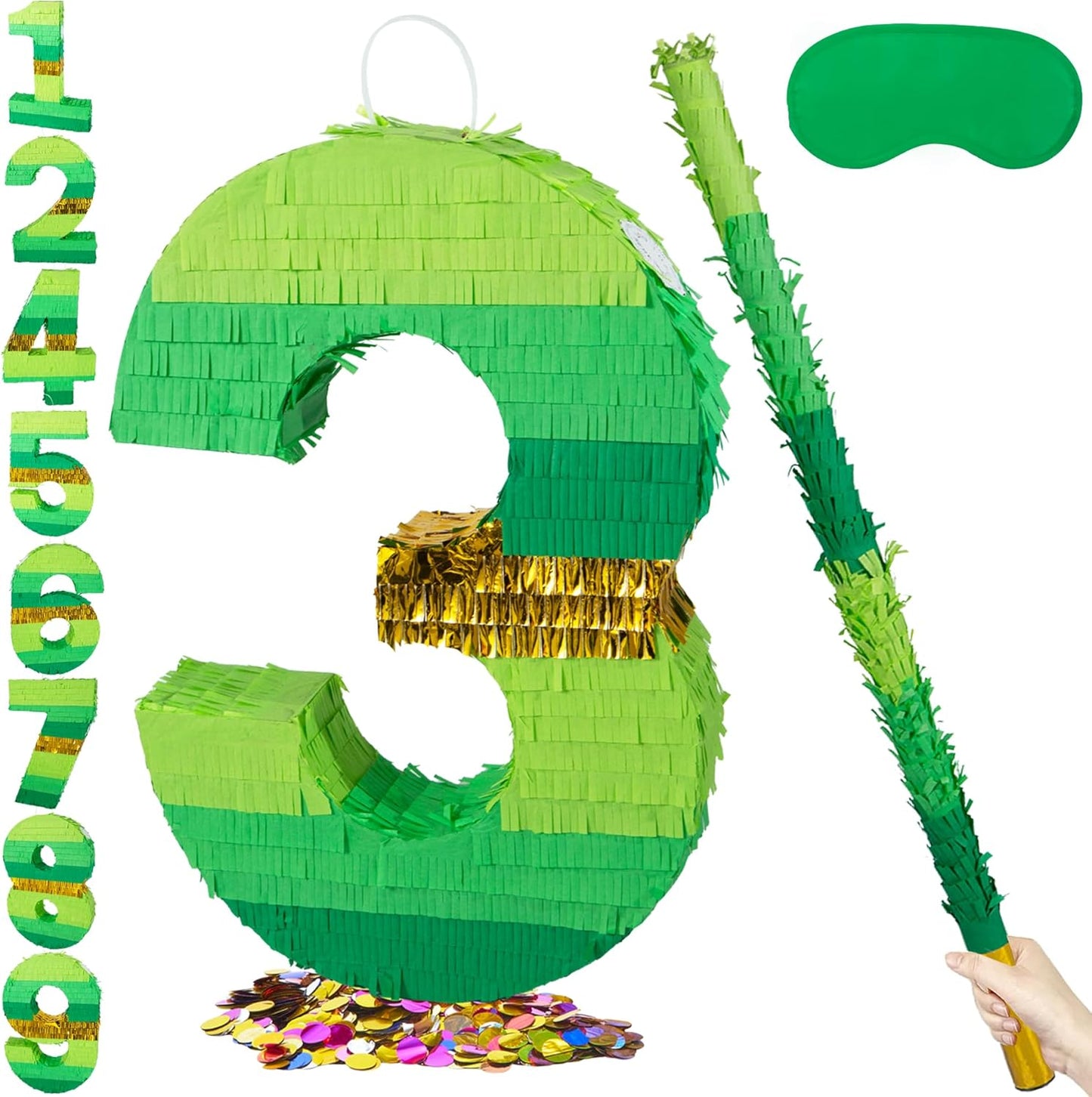 PCFING 20 Inch Number 1 Piñata Green Gold with 30 Inch Piñata Stick Blindfold Confetti for Boy Girl Adults Birthday Party Decorations, Anniversary Celebration, Fiesta