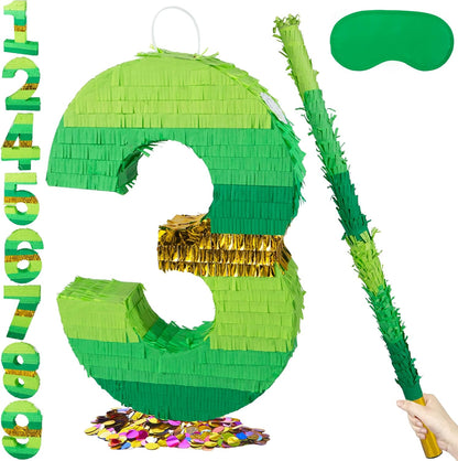 PCFING 20 Inch Number 1 Piñata Green Gold with 30 Inch Piñata Stick Blindfold Confetti for Boy Girl Adults Birthday Party Decorations, Anniversary Celebration, Fiesta