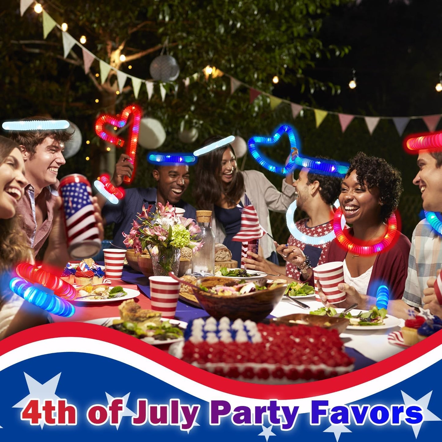 Fourth of July Glow Sticks Accessories for Kids 9 PCS, Red White Blue Light Up Pop Tubes Bracelets Necklaces Toys,4th of July Parade Throws Favors,250th Patriotic Party Supplies for Memorial Day Decor