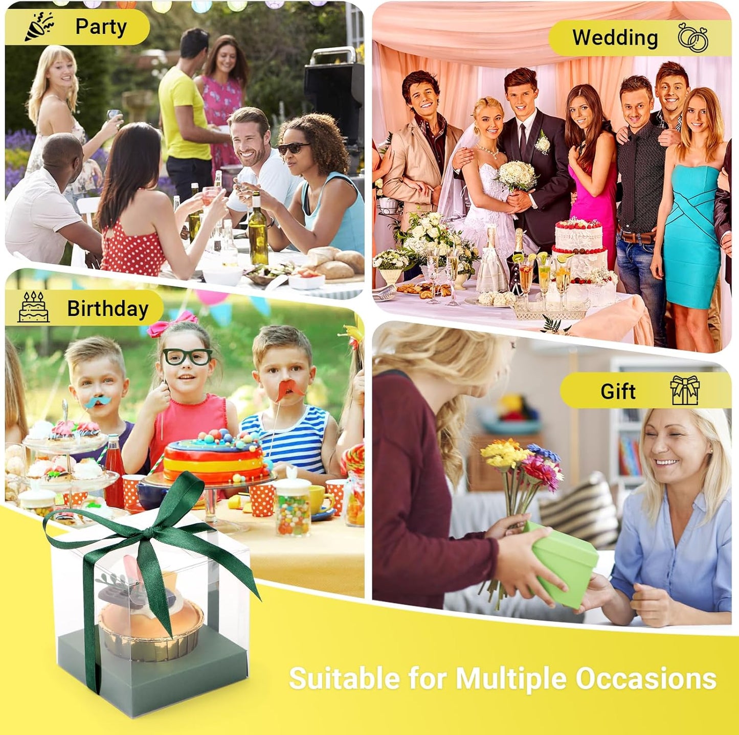 EUSOAR Individual Cupcake Holder, 50pcs 3.5 Inch Plastic Black Cupcake Containers with Lids, Single Transparent Display Clear Cupcake Carrier with Ribbon and Inserts for Wedding Party Favor