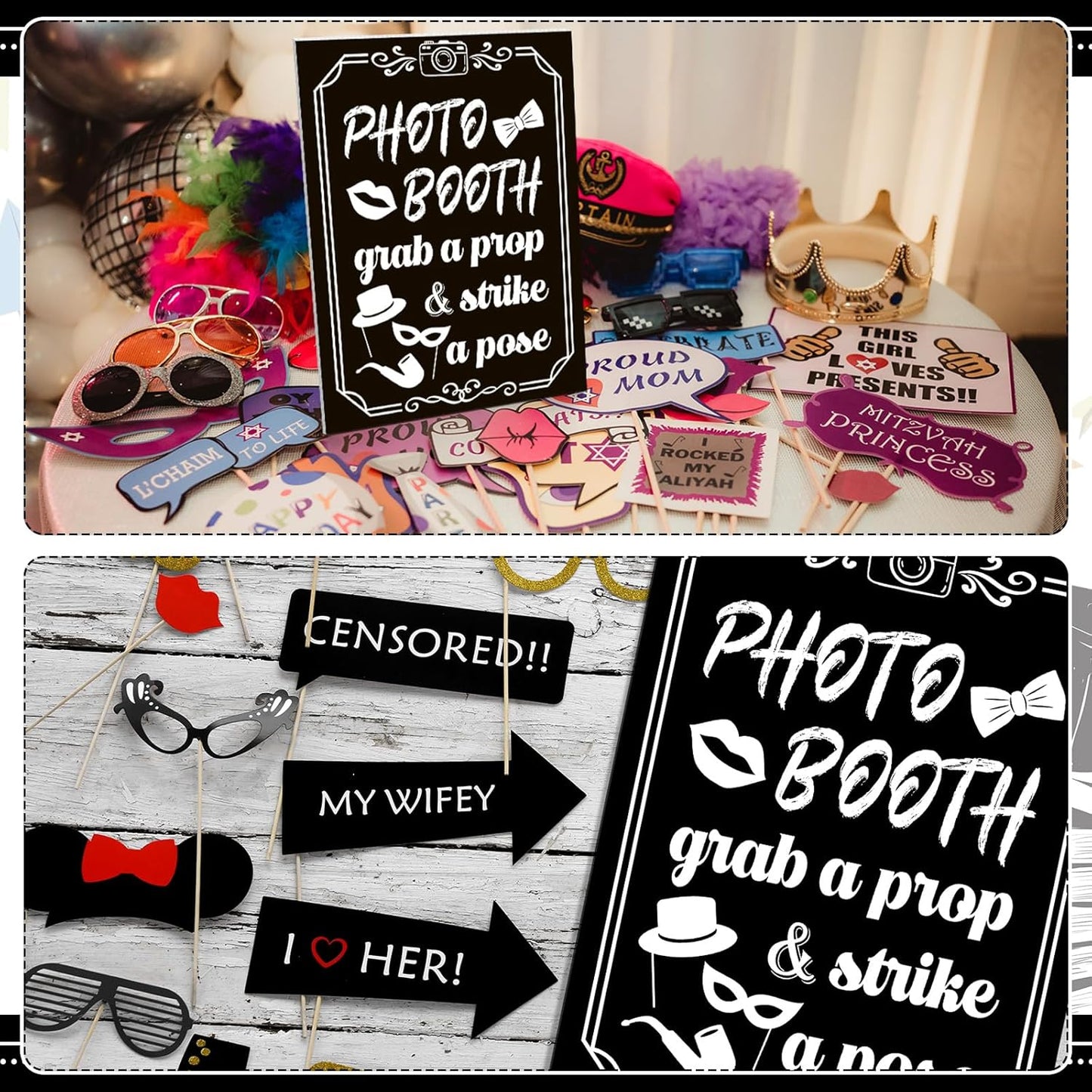 Briwooody Photo Booth Sign with Stand Retro Background Table for Indoor and Outdoor Party Theme Event Photography Props Desktop Decoration Supplies
