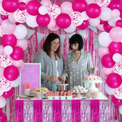 BEISHIDA 2 Pack Metallic Tinsel Foil Fringe Table Skirts for Rectangle & Round Tables Hot Pink Kids' Birthday, Holiday Cartoon Party Decorations for Birthday Valentines Baby Shower Festive Events