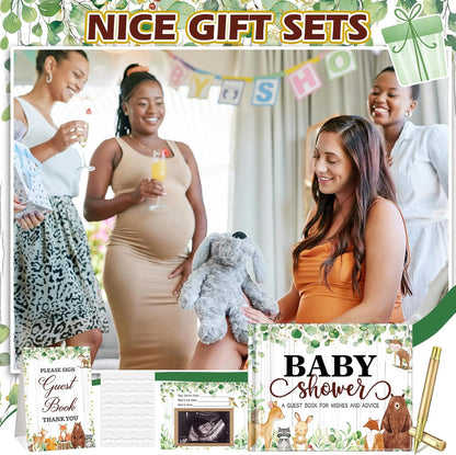 Fuyoooo 27 Pcs Safari Animal Baby Shower Guest Book Set Baby Shower Sign in Guest Floral Book Place Table Cards with Gold Pen Adhesive Photo Corner for Birthday Party