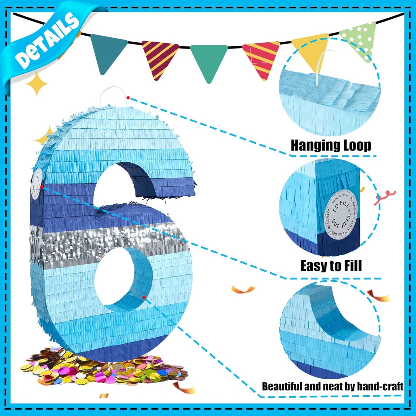 PCFING 20 Inch Number 3 Piñata Blue Silver with 30 Inch Piñata Stick Blindfold Confetti for Boys Girls Adults Birthday Party Decorations, Anniversary Celebration, Fiesta