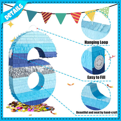 PCFING 20 Inch Number 3 Piñata Blue Silver with 30 Inch Piñata Stick Blindfold Confetti for Boys Girls Adults Birthday Party Decorations, Anniversary Celebration, Fiesta